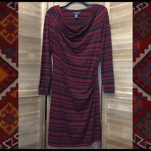 Max Edition Black and Red Long Sleeve Midi Dress with Draped Neck, Large